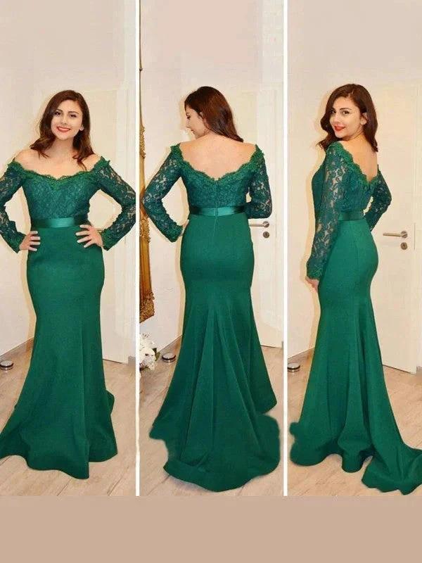 Gorgeous Mermaid Off-the-Shoulder Long Sleeves Applique Satin Prom Dresses by misshow.com
