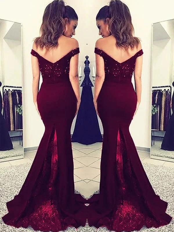 Gorgeous Mermaid Off-the-Shoulder Sleeveless Lace Elastic Woven Satin Prom Dresses by misshow.com