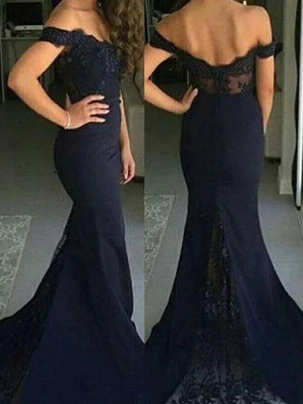 Gorgeous Mermaid Off-the-Shoulder Sleeveless Lace Satin Prom Dresses by misshow.com
