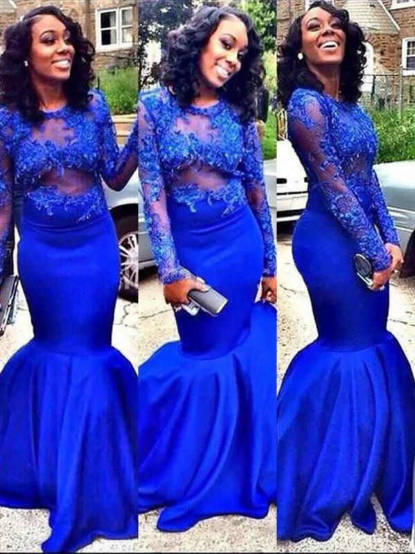 Gorgeous Mermaid Satin Long Sleeves Scoop Applique Floor-Length Prom Dresses by misshow.com
