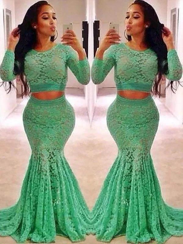 Gorgeous Mermaid Scoop Long Sleeves Lace Ruffles Two Piece Prom Dresses by misshow.com