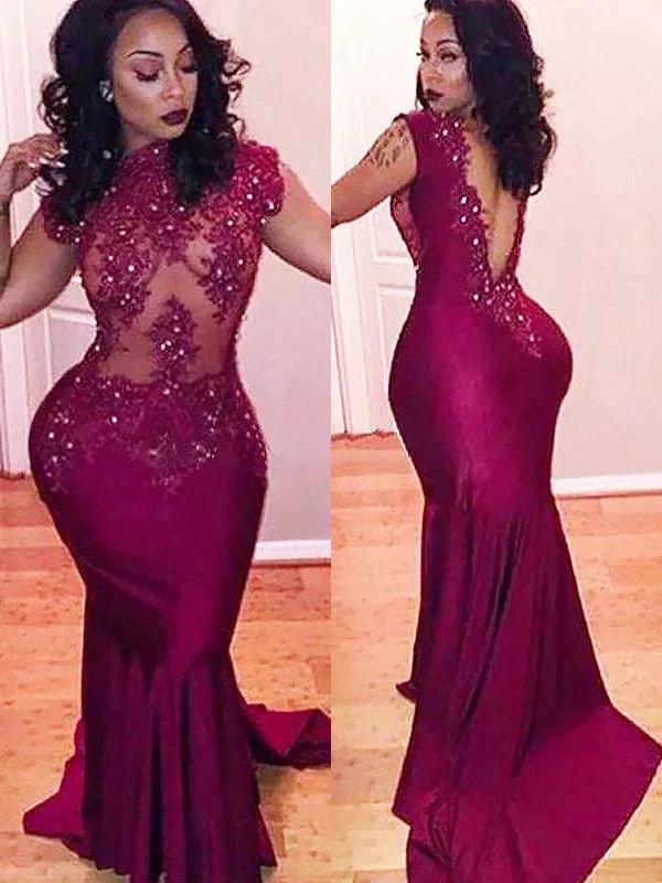Gorgeous Mermaid Scoop Satin Sleeveless Beading Prom Dresses by misshow.com