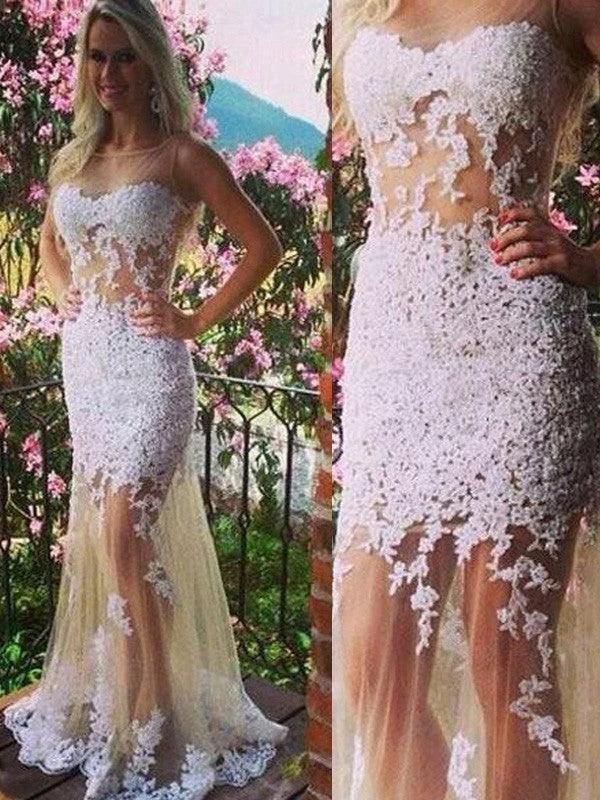 Gorgeous Mermaid Scoop Sleeveless Applique Tulle Floor-Length Prom Dresses by misshow.com