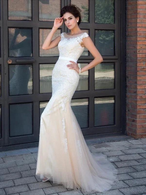 Gorgeous Mermaid Sheer Neck Applique Short Sleeves Long Net Prom Dresses by misshow.com