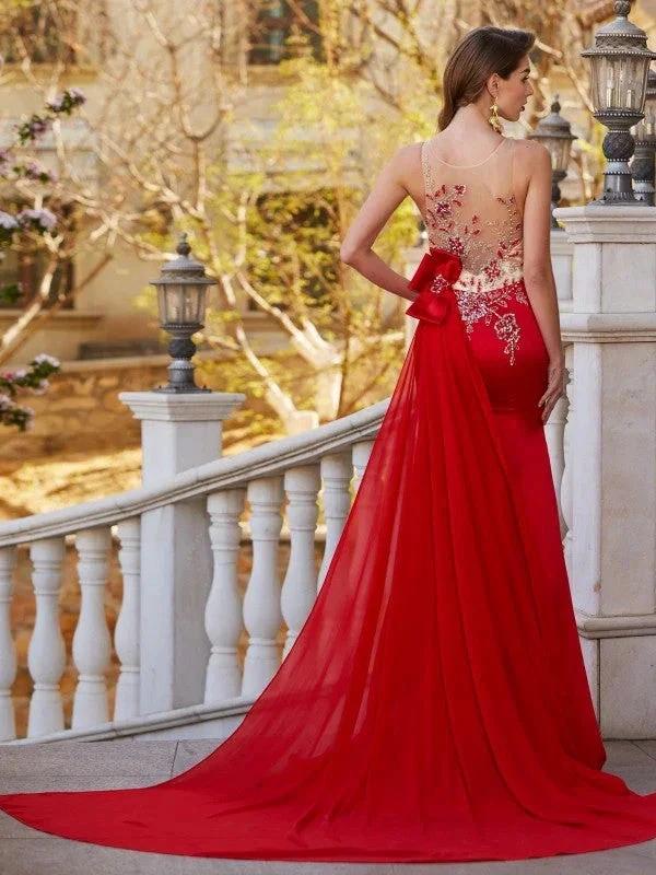 Gorgeous Mermaid Sheer Neck Sleeveless Court Train Applique Stain Prom Dresses by misshow.com