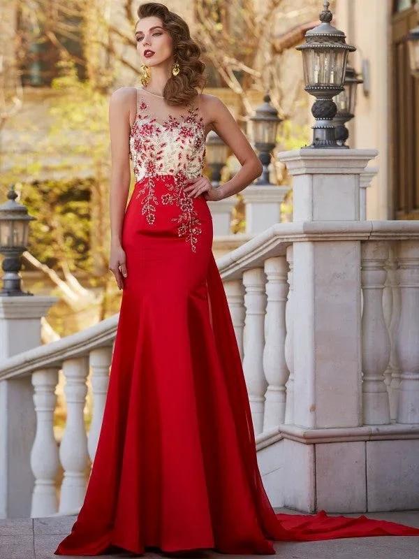 Gorgeous Mermaid Sheer Neck Sleeveless Court Train Applique Stain Prom Dresses by misshow.com