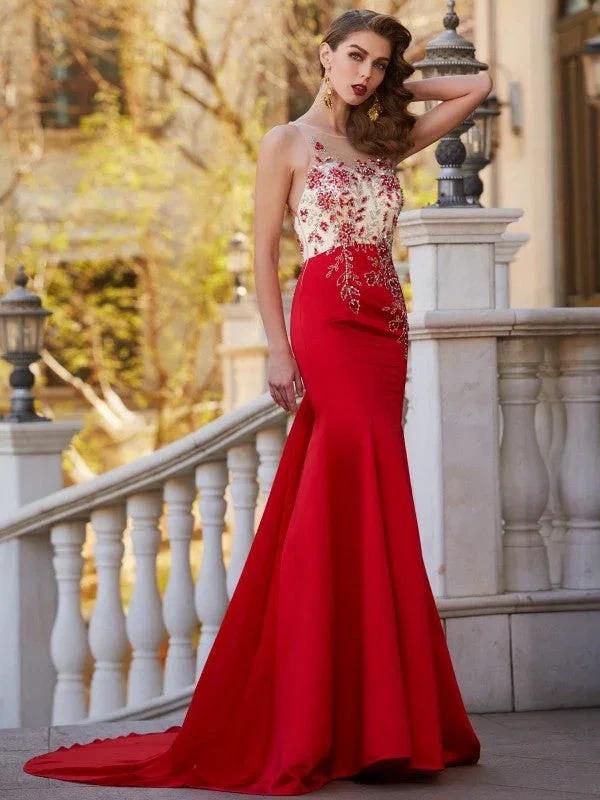 Gorgeous Mermaid Sheer Neck Sleeveless Court Train Applique Stain Prom Dresses by misshow.com