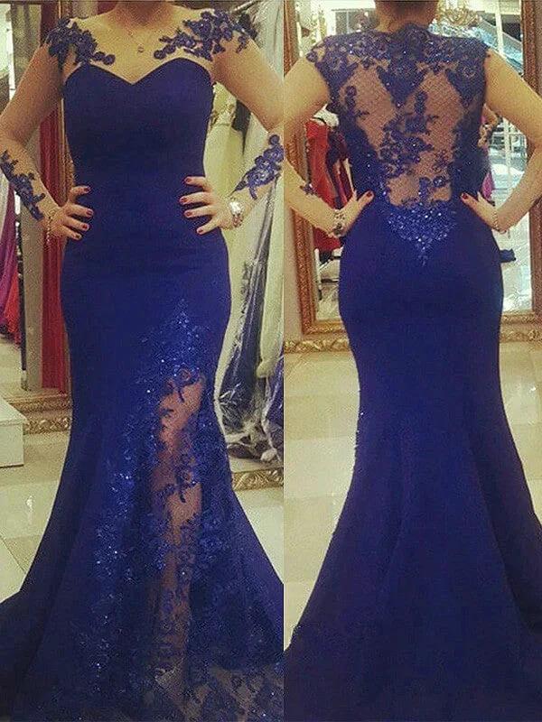 Gorgeous Mermaid Silk like Satin Scoop Applique Long Sleeves Plus Size Prom Dresses by misshow.com