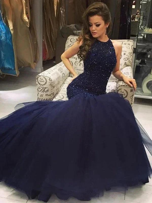 Gorgeous Mermaid Sleeveless Floor-Length Jewel Tulle Beading Prom Dresses by misshow.com