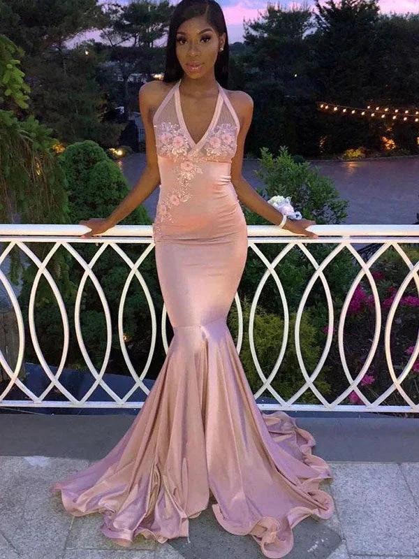 Gorgeous Mermaid Sleeveless Halter Applique Elastic Woven Satin Prom Dresses by misshow.com