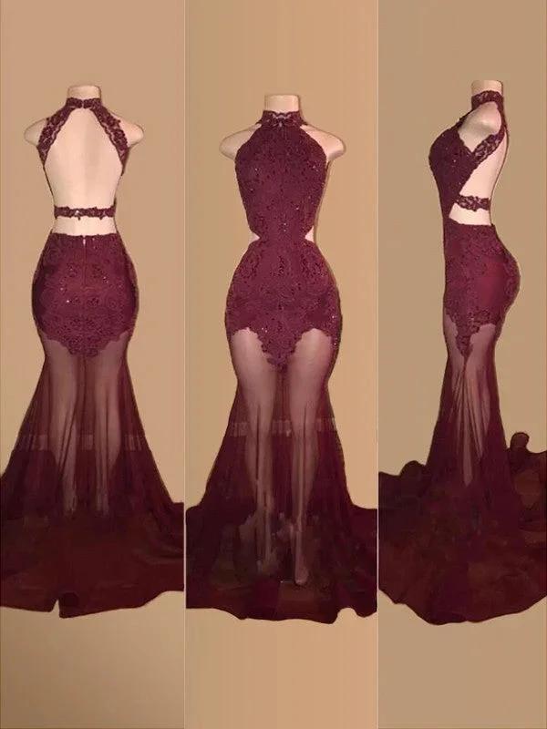 Gorgeous Mermaid Sleeveless Halter Court Train Tulle Applique Prom Dresses by misshow.com