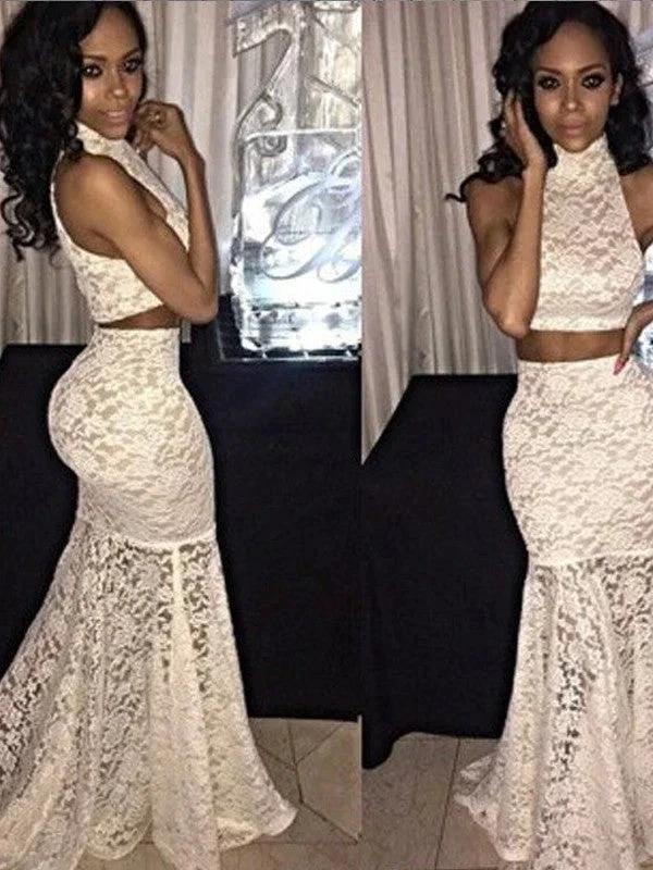 Gorgeous Mermaid Sleeveless Halter Lace Two Piece Prom Dresses by misshow.com