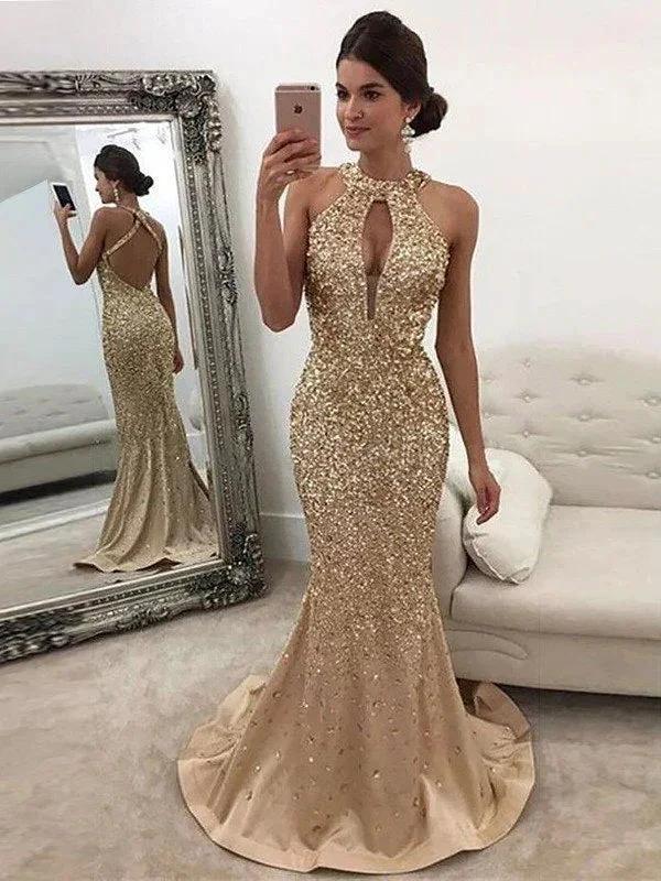 Gorgeous Mermaid Sleeveless Halter Sequin Satin Prom Dresses by misshow.com