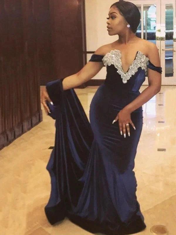 Gorgeous Mermaid Sleeveless Off-the-Shoulder Applique Velvet Prom Dresses by misshow.com