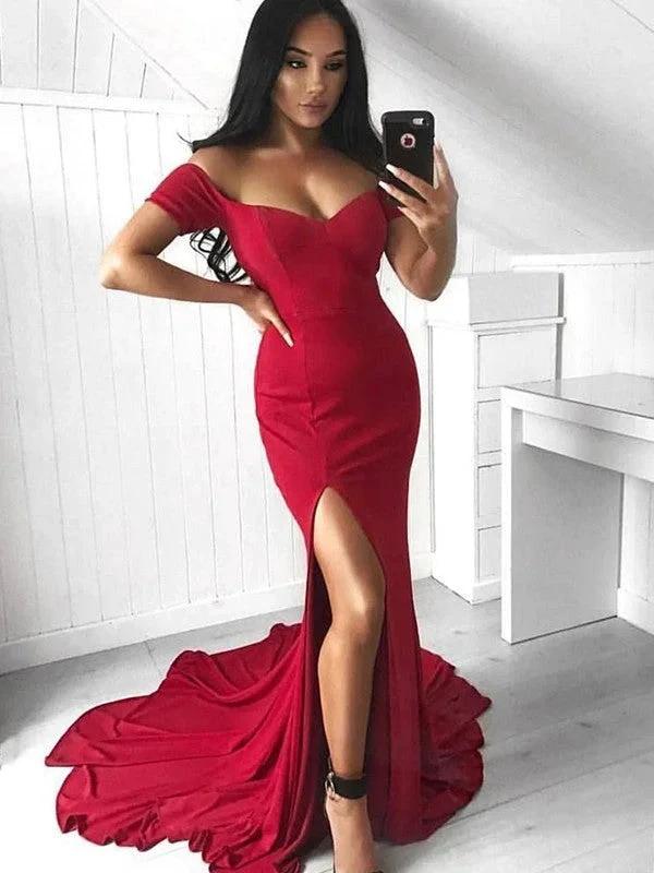 Gorgeous Mermaid Sleeveless Off-the-Shoulder Court Train Ruffles Spandex Prom Dresses by misshow.com