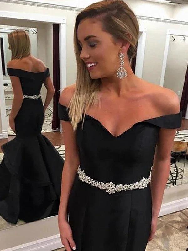 Gorgeous Mermaid Sleeveless Off-the-Shoulder Satin Beading Prom Dresses by misshow.com