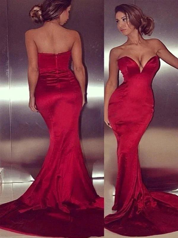 Gorgeous Mermaid Sleeveless Sweetheart Satin Court Train Prom Dresses by misshow.com