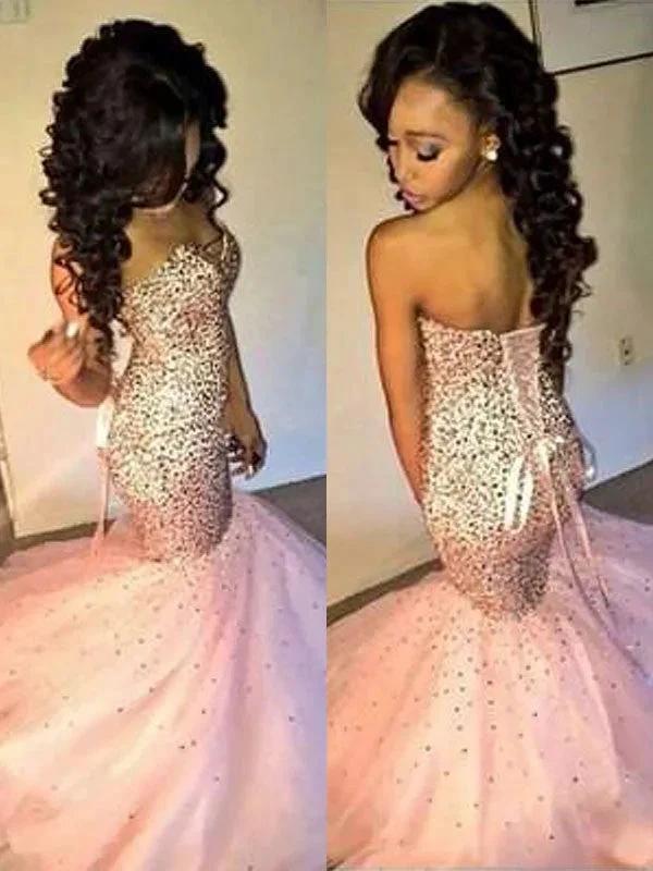 Gorgeous Mermaid Sleeveless Sweetheart Tulle Sequin Floor-Length Prom Dresses by misshow.com