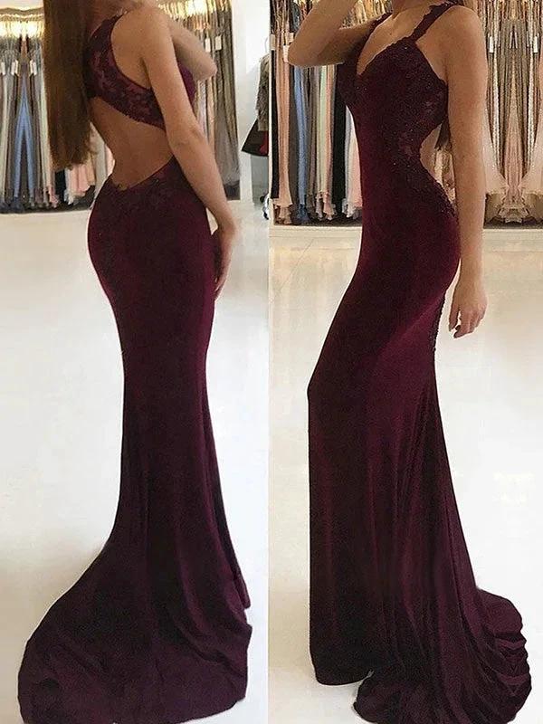 Gorgeous Mermaid Sleeveless V-neck Applique Stretch Crepe Prom Dresses by misshow.com