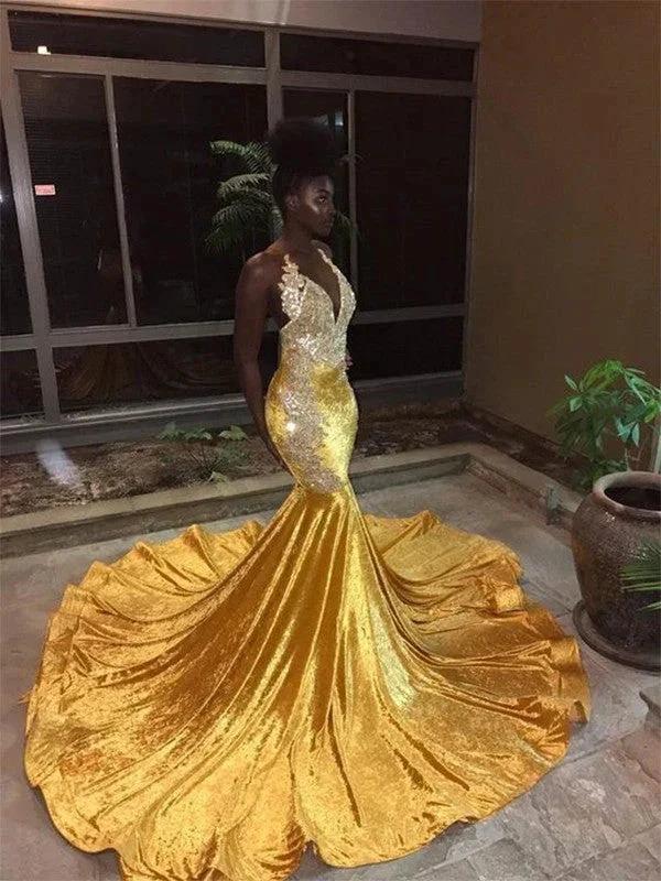Gorgeous Mermaid Sleeveless V-neck Court Train Lace Velvet Prom Dresses by misshow.com