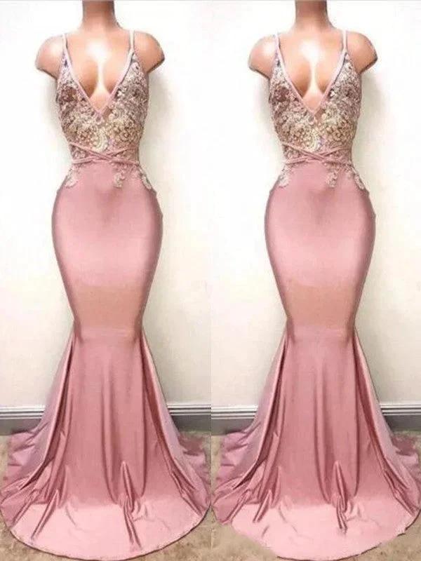 Gorgeous Mermaid Sleeveless V-neck Lace Satin Prom Dresses by misshow.com