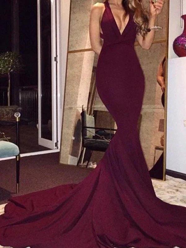 Gorgeous Mermaid Sleeveless V-Neck Spandex Court Train Prom Dresses by misshow.com