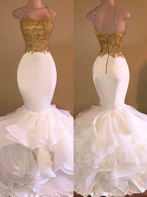 Gorgeous Mermaid Spaghetti Straps Sleeveless Applique Organza Floor-Length Prom Dresses by misshow.com