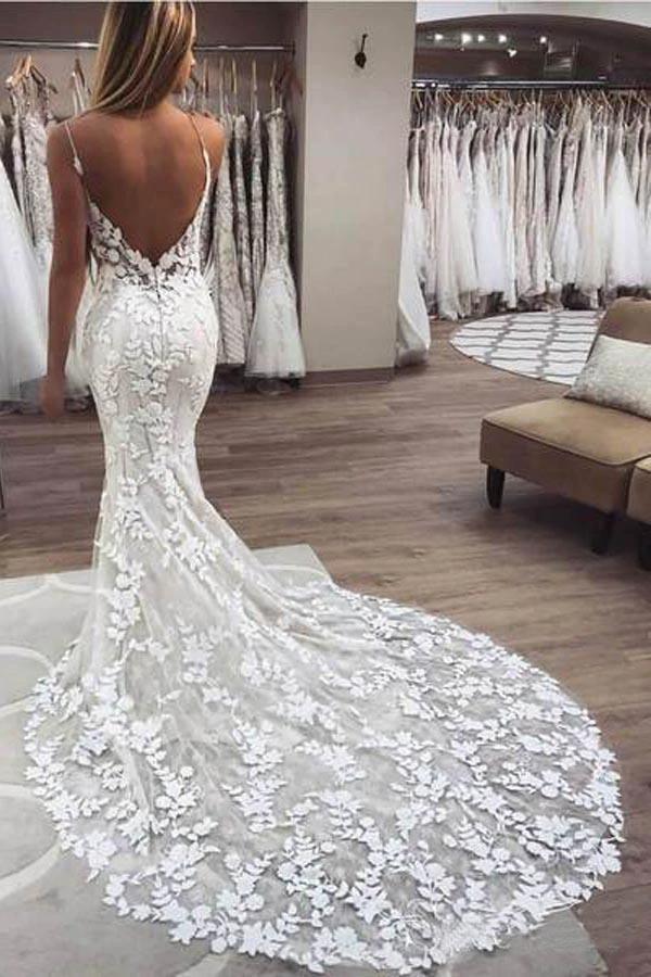 Gorgeous Mermaid Straps Open Back Lace Wedding Dresses WD305 by pgmdress