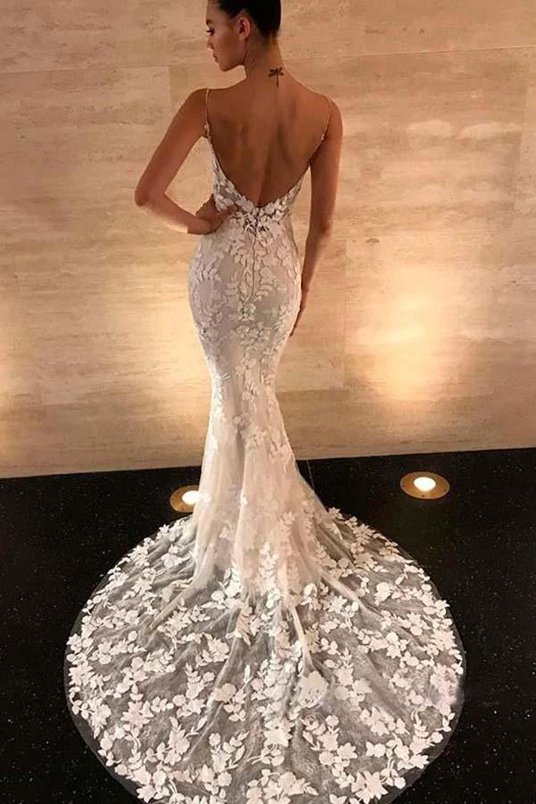 Gorgeous Mermaid Straps Open Back Lace Wedding Dresses WD305 by pgmdress