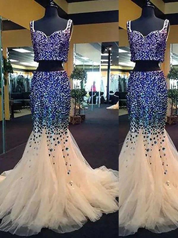 Gorgeous Mermaid Sweetheart Sleeveless Tulle Beading Two Piece Prom Dresses by misshow.com