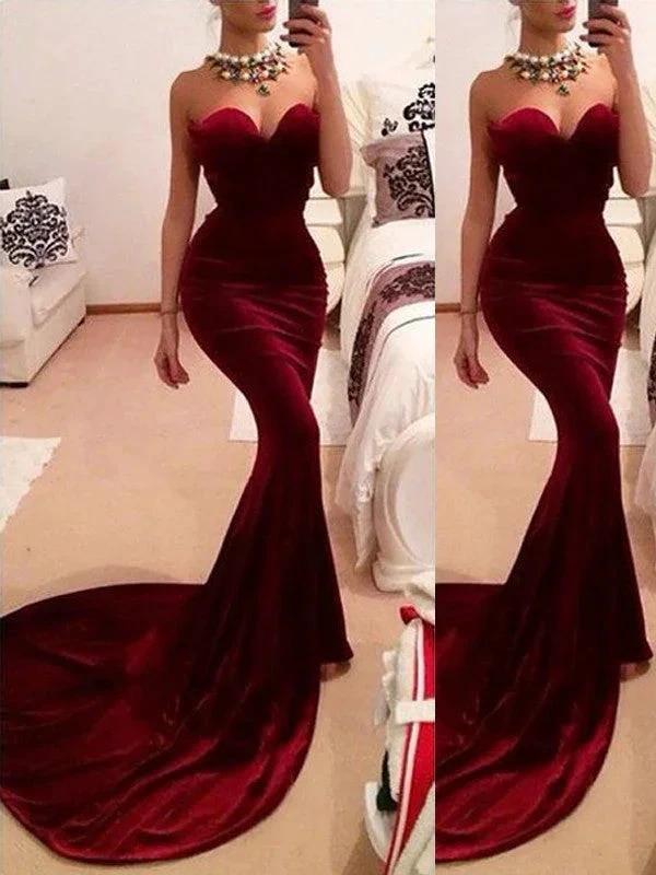 Gorgeous Mermaid Sweetheart Velvet Sleeveless Ruffles Prom Dresses by misshow.com