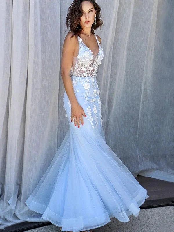 Gorgeous Mermaid Tulle V-neck Sleeveless Applique Floor-Length Prom Dresses by misshow.com