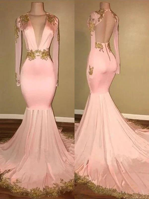 Gorgeous Mermaid V-neck Long Sleeves Silk like Satin Applique Prom Dresses by misshow.com