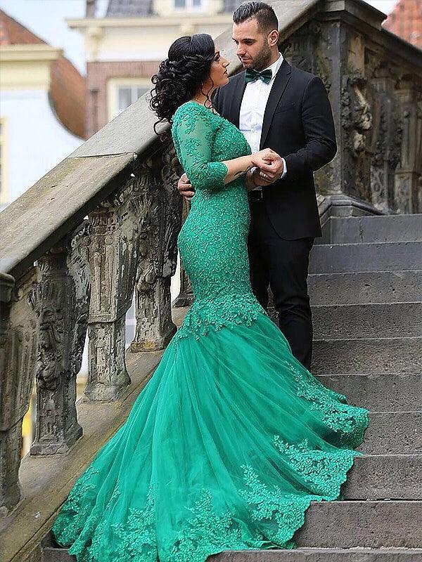 Gorgeous Mermaid V-neck Tulle Applique 3/4 Sleeves Plus Size Prom Dresses by misshow.com