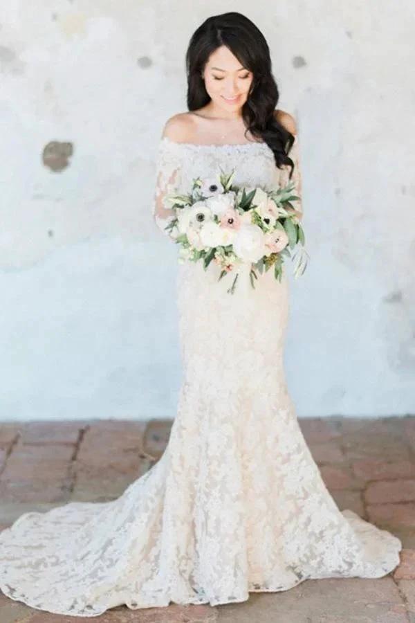 Gorgeous Off Shoulder Ivory Lace Long Sleeves Mermaid Wedding Dress WD119 by pgmdress