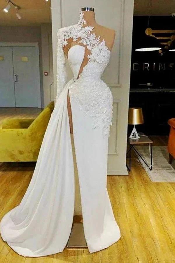 Gorgeous One Shoulder Long Sleeve Prom Dress With Lace Appliques Side Slit by misshow.com