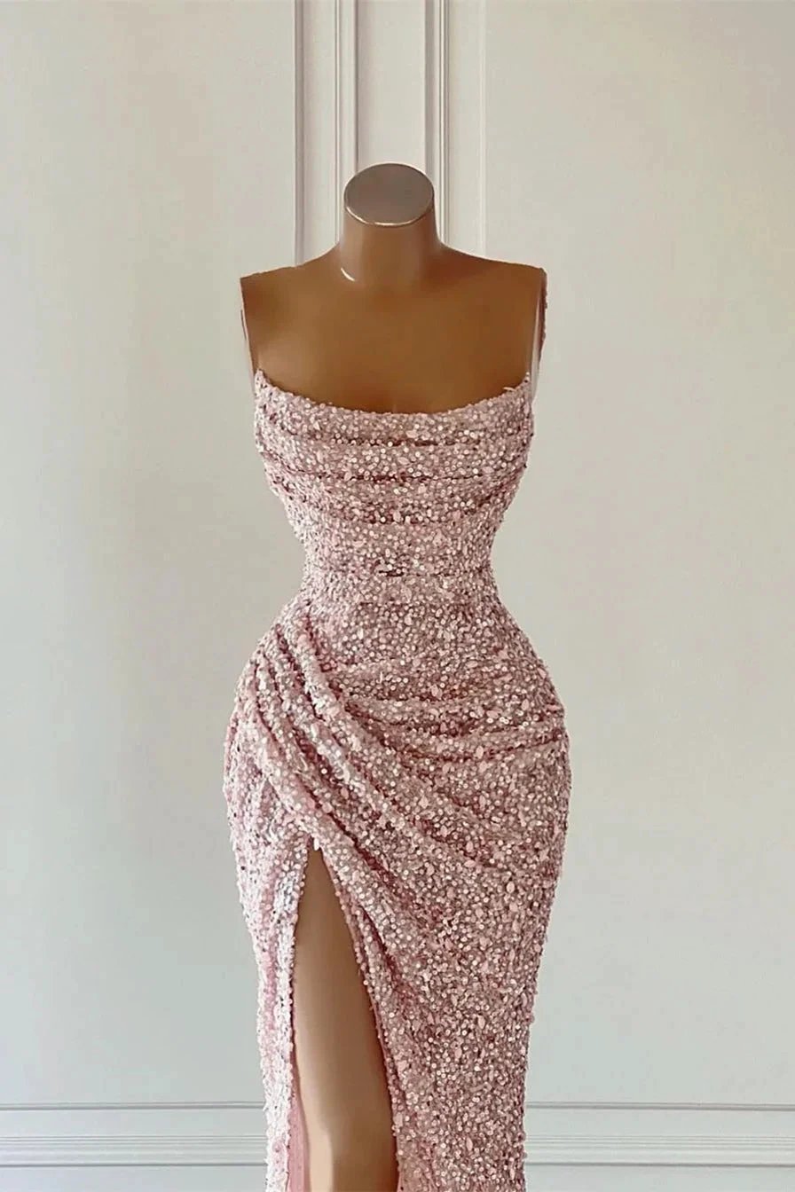 Gorgeous Pink Sequined Sleeveless Prom Dress With Slit by misshow.com