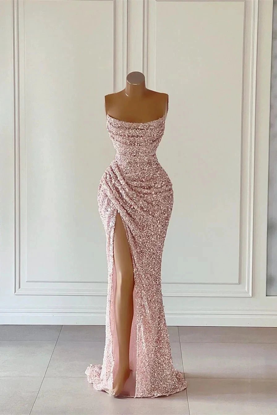 Gorgeous Pink Sequined Sleeveless Prom Dress With Slit by misshow.com