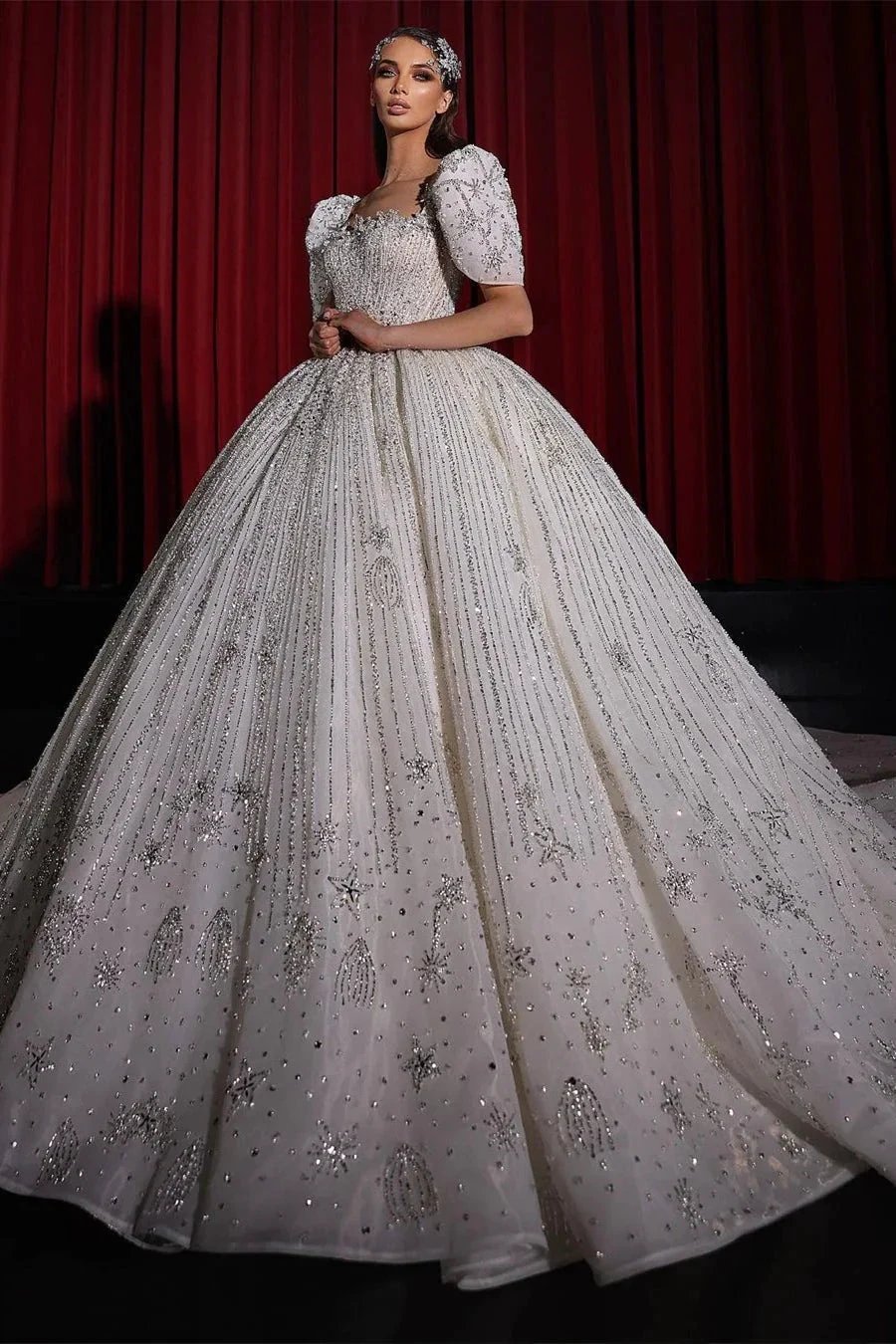 Gorgeous Princess A-line Beading Short Sleeves Wedding Dress With Lace by misshow.com