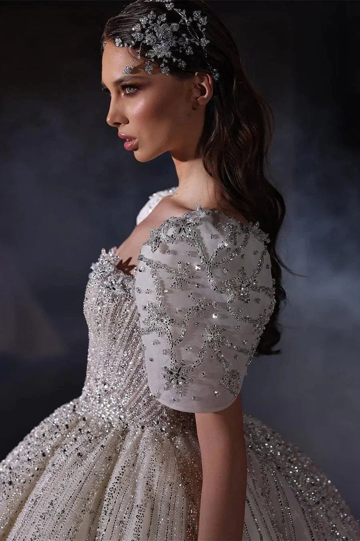 Gorgeous Princess A-line Beading Short Sleeves Wedding Dress With Lace by misshow.com