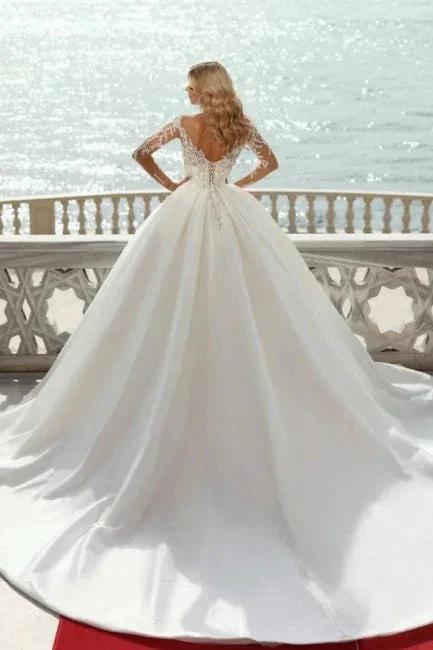Gorgeous Princess A-line V-neck Satin Wedding Dresses With Long Sleeves by misshow.com