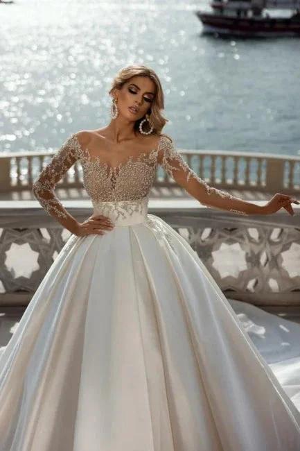 Gorgeous Princess A-line V-neck Satin Wedding Dresses With Long Sleeves by misshow.com