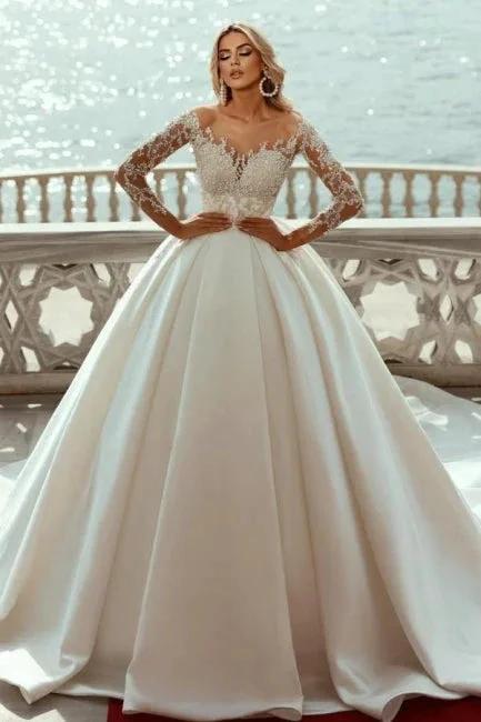 Gorgeous Princess A-line V-neck Satin Wedding Dresses With Long Sleeves by misshow.com