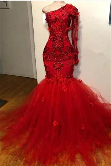 Gorgeous Red One-Shoulder Long-Sleeves Appliques Sexy Mermaid Prom Dress by misshow.com