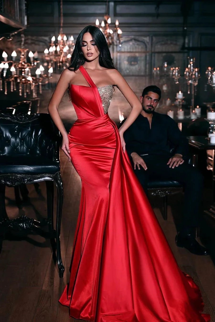 Gorgeous Red One Shoulder Sequined Sleeveless Mermaid Prom Dress by misshow.com