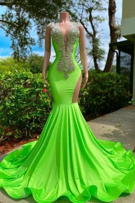 Gorgeous Sequined V-neck Sleeveless Stretch Satin Mermaid Prom Dress with Appliques by misshow.com