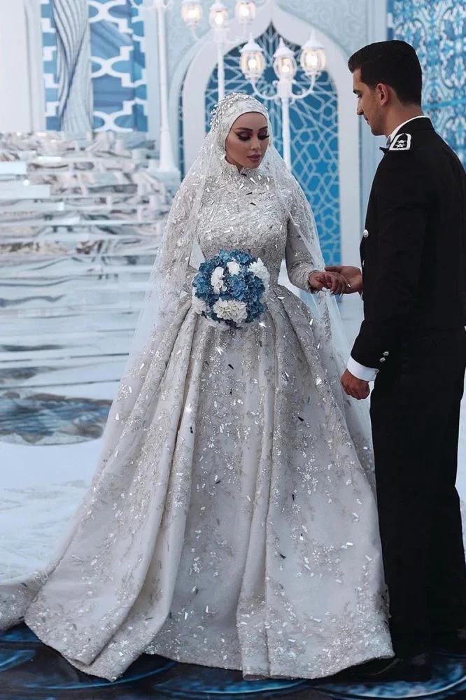 Gorgeous Sequins Bridal Gown Long Sleeves Highneck Sweep Train by misshow.com