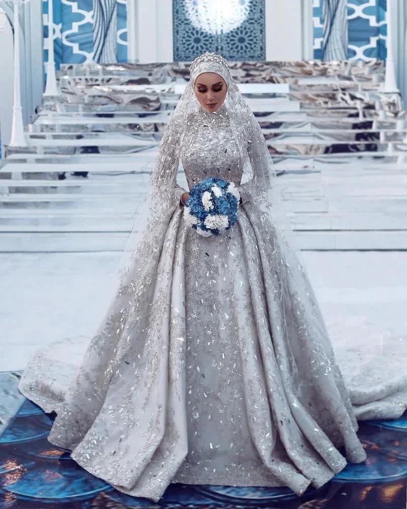 Gorgeous Sequins Bridal Gown Long Sleeves Highneck Sweep Train by misshow.com