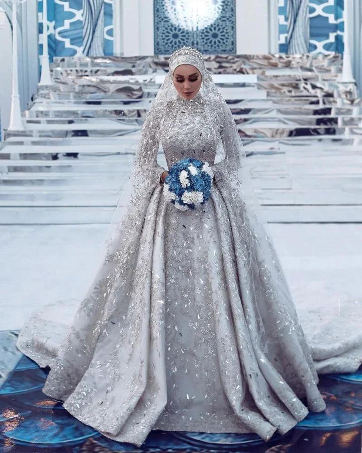 Gorgeous Sequins Bridal Gown Long Sleeves Highneck Sweep Train by misshow.com