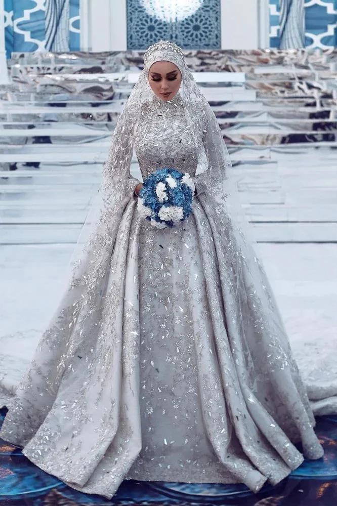 Gorgeous Sequins Bridal Gown Long Sleeves Highneck Sweep Train by misshow.com